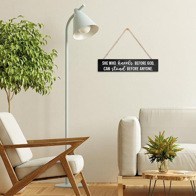 AGMDESIGN She Who Kneels Before God Can Stand Before Anyone Christian Wood Sign, Faith-Based Wall Decor for Shelf Door Desk, Bible Verse Wood Hanging Plaque for Prayer Room Bedroom Home Office Church - Image 6