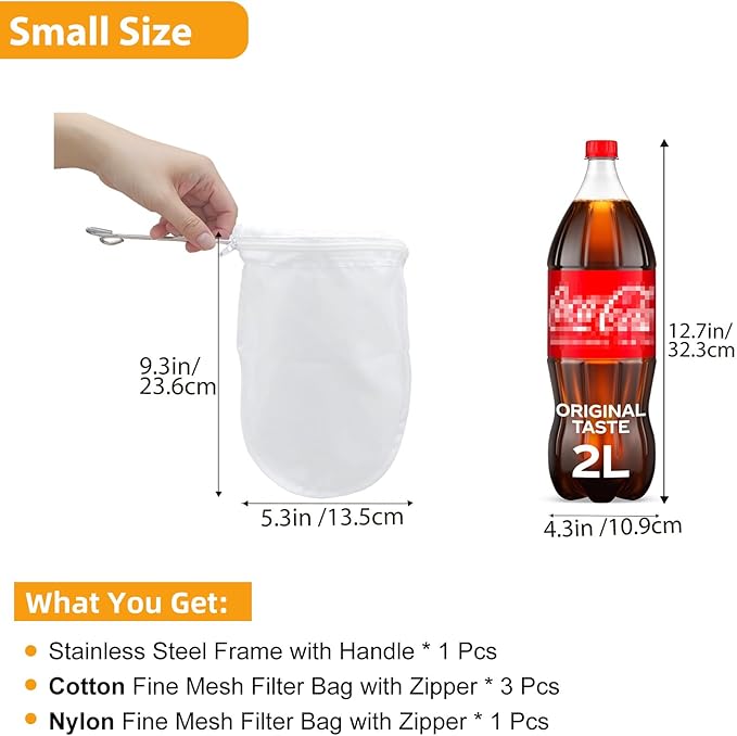5 Pcs Premium Ultra Fine Mesh Strainer Bags with Stainless Steel Handle, Reusable Nut Milk Bags, Cheese Cloths for Straining Juice, NutMilk, Coffee, Thai Tea, Yogurt and Soup (Small)