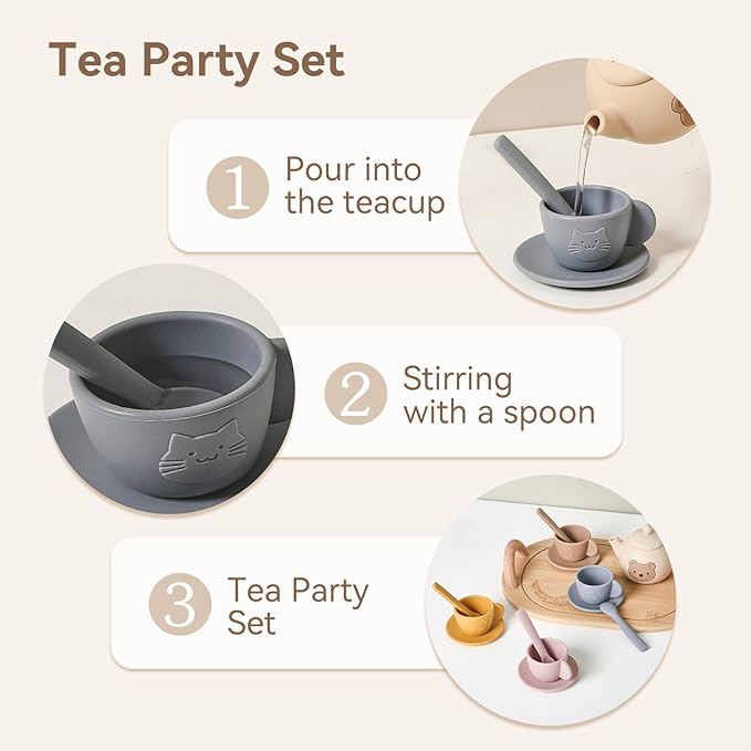 Tea Party Set for Little Girls 1-3 Kids Tea Set with Silicone Teapot Cups Coasters Carrying Scoop Wooden Tray, Kitchen Accessories Pretend Play for Girls Boys Age 3 4 5 (15 Pcs)