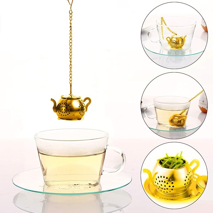 Loose Leaf Tea Infuser Ball Set of 4 Stainless Steel Tea Strainer with Chain and Drip Trays, Tea Filter for Mug and Cup (Gold)