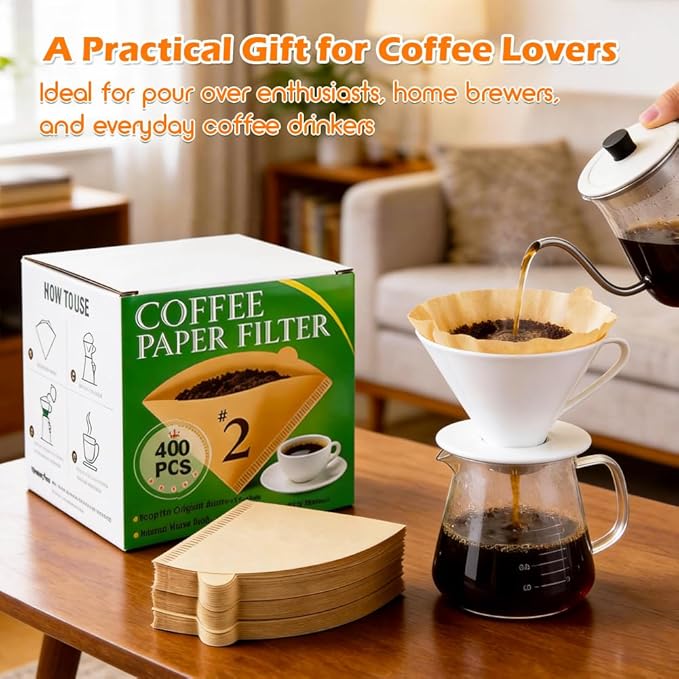 BYKITCHEN 400PCS Cone Coffee Filters 02, Disposable Natural Unbleached Pour Over Paper Coffee Filter Cone Shaped #2, Compatible with Pour Over Dripper & Drip Coffee Maker Filter Basket(1–4 Cup)