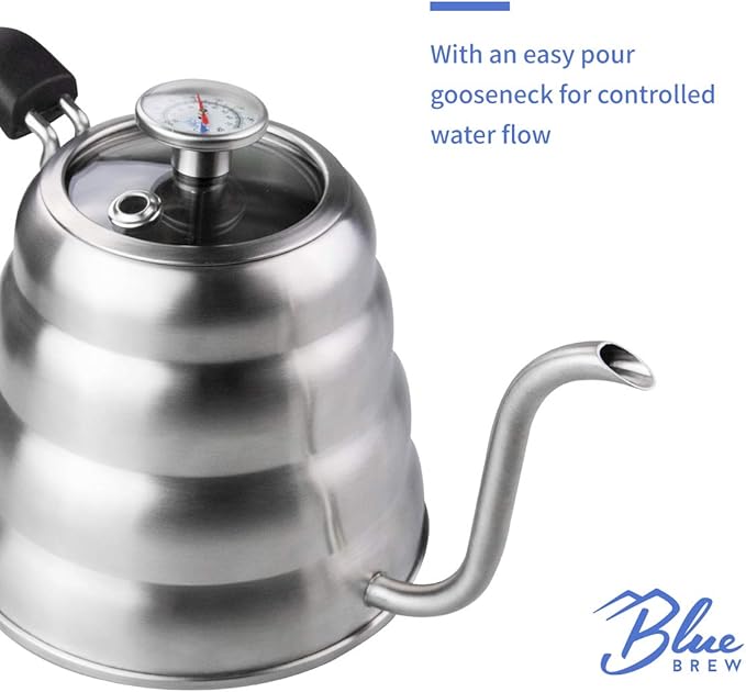 Blue Brew Gooseneck Kettle Stovetop, Tea Pot with Thermometer, 40oz Pour Over Coffee Maker for Coffee & Tea, Stainless Steel Coffee Kettle, Compatible with Electric Stove & Gas Stove (BB1201)