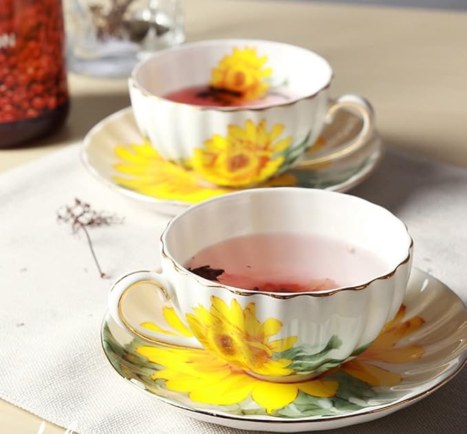 Ceramic Teacup Sunflower Vintage Chintz Porcelain Coffee Mug Tea Cup with Saucer,Set of 4
