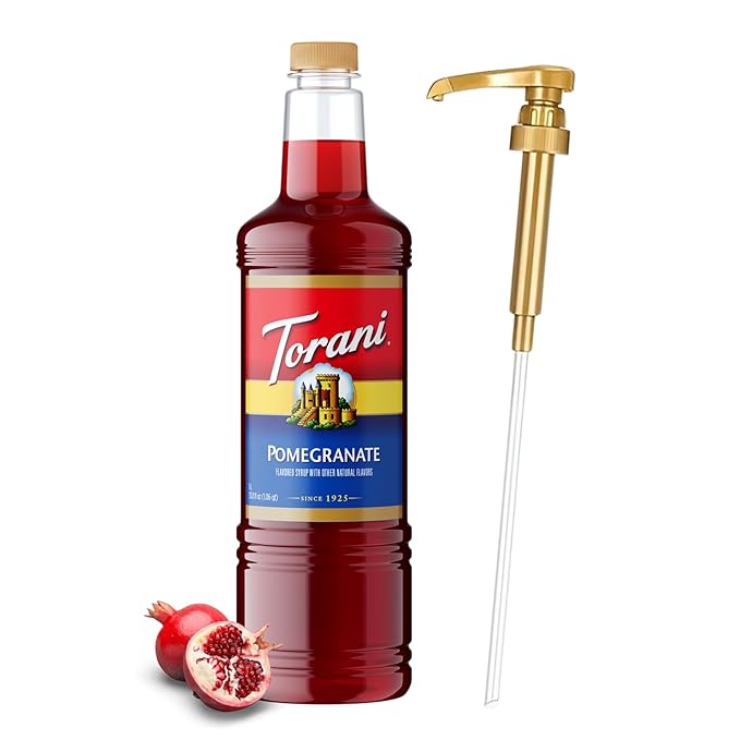 Torani Pomegranate Syrup 1 Liter Bottle with Pump – Premium Drink Flavoring Made with Pure Cane Sugar & Natural Flavors for Cocktails, Mocktails, Lemonades & Teas – Tart Fruity Sweetener by Torani