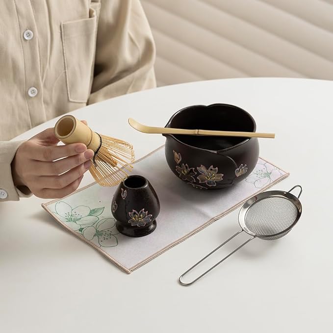 Japanese Matcha Tea Set with Hand-Painted Cherry Blossoms, Ceramic Matcha Bowl, Bamboo Whisk & Scoop – Traditional Tea Ceremony Kit, Gift Box Included