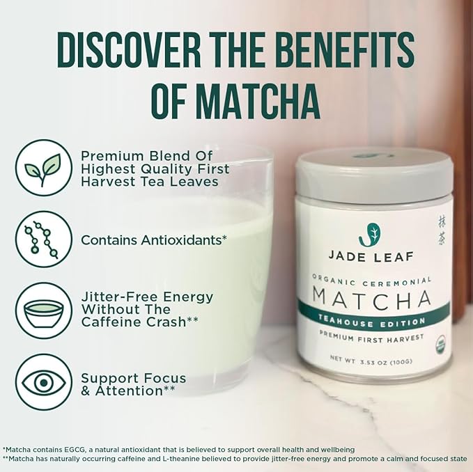 Jade Leaf Matcha Organic Ceremonial Grade Matcha Green Tea Powder - 100% Pure Japanese First Harvest Green Tea for Ceremonies, Usucha, Lattes 30g / 1.06 Oz Pouch (Pack of 1)