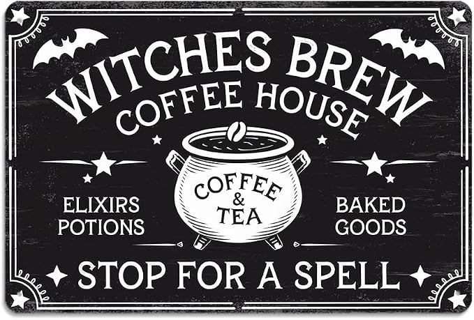 Vintage Witches Brew Coffee House Stop For A Spell Metal Sign - 8x12 Inch, Gothic Witch Plaques Art Sign For Kitchen, Pubs, Cafe, Living Room Decor, Halloween Party Accessories, Halloween Decor by Unknown