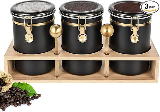 Yangbaga 304 Stainless Steel Coffee Canisters for Ground Coffee,3 x 63 OZ Coffee Container with Shelf Coffee Bean Storage, Food Storage Jar with Gold Airtight Locking Clamp and Spoon for Kitchen