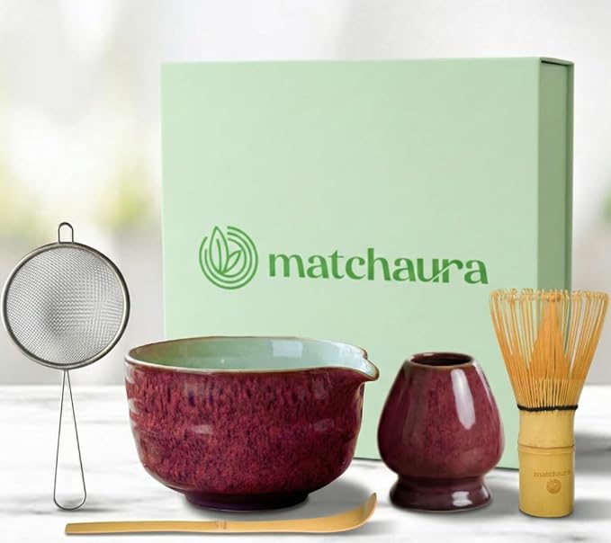 Premium Matcha Whisk Set – 5 Piece Japanese Tea Ceremony Kit | Spouted Ceramic Bowl, Bamboo Whisk, Holder, Scoop, Sifter – Essentials for Smooth Matcha Preparation - Magnetic Gift Box