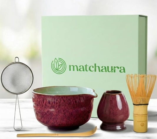 Premium Matcha Whisk Set – 5 Piece Japanese Tea Ceremony Kit | Spouted Ceramic Bowl, Bamboo Whisk, Holder, Scoop, Sifter – Essentials for Smooth Matcha Preparation - Magnetic Gift Box