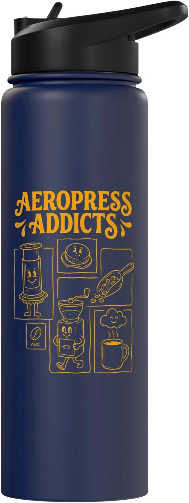 Kawaii Coffee Brewing Characters Shirts AeroPress Addicts Stainless Steel Insulated Water Bottle