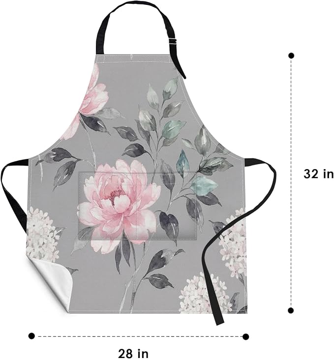 Britimes Apron with Pockets, 32x28 inch, for Women Men, Floral Grey | Pink Flower Leaves Waterproof Adjustable Bib Aprons for Kitchen Cooking Baking Painting Gardening - Image 2