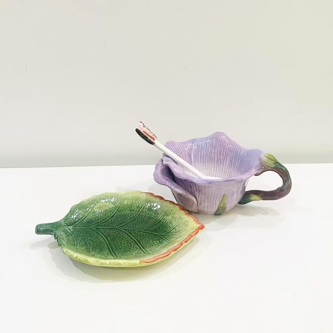 Ceramic Tea Cup and Saucer Set ，6OZ 3D Hand-Painted Flower and Lotus Leaf Coffee Mug，Gift for Women- Pinkish Purple Rose