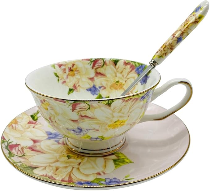 Vintage Ceramic Teacup, Elegant Coffee Cup with Spoon and Saucer Set, Fine Royal Bone China Tea Cups (Pink)