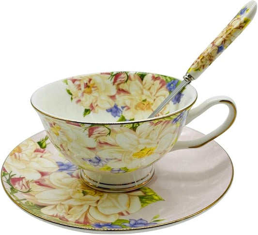 Vintage Ceramic Teacup, Elegant Coffee Cup with Spoon and Saucer Set, Fine Royal Bone China Tea Cups (Pink)
