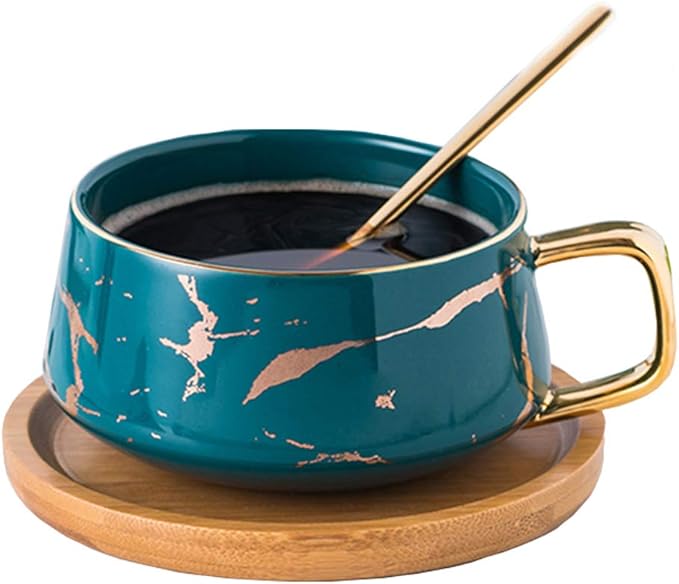 YBK Tech Porcelain Tea Cup Coffee Mug Set for Afternoon Tea - Marble Pattern (Green, Short 300ml + wood saucer)
