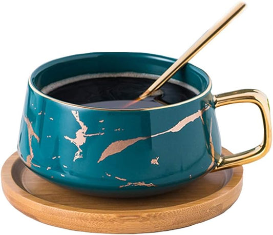 YBK Tech Porcelain Tea Cup Coffee Mug Set for Afternoon Tea - Marble Pattern (Green, Short 300ml + wood saucer)