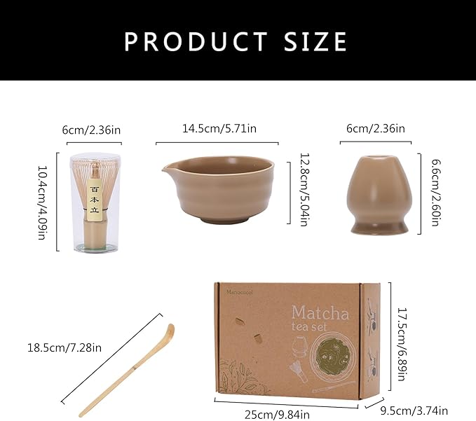 Matcha Tea Set – Traditional Japanese Ceremony Kit with 18.5OZ Ceramic Bowl, Bamboo Whisk, Scoop, and Holder – Ideal for Authentic Matcha Preparation and Gifting (Mocha Brown)