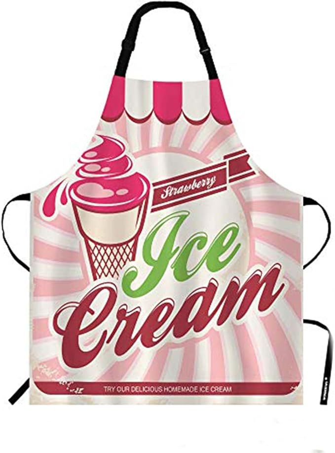 WONDERTIFY Ice Cream Apron,Vintage Background Ribbon with Delicious Homemade Dessert Strawberry Bib Apron with Adjustable Neck for Men Women,Suitable for Home Kitchen Cooking Waitress Chef Apron
