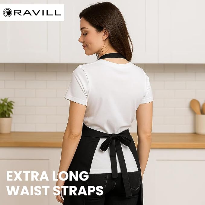 Ravill Black Apron with Pockets for Men and Women - 35" Long Multi Purpose Polyester Work Aprons for Cooking, Cleaning, Baking, Art - Water Resistant Kitchen Apron - Image 3