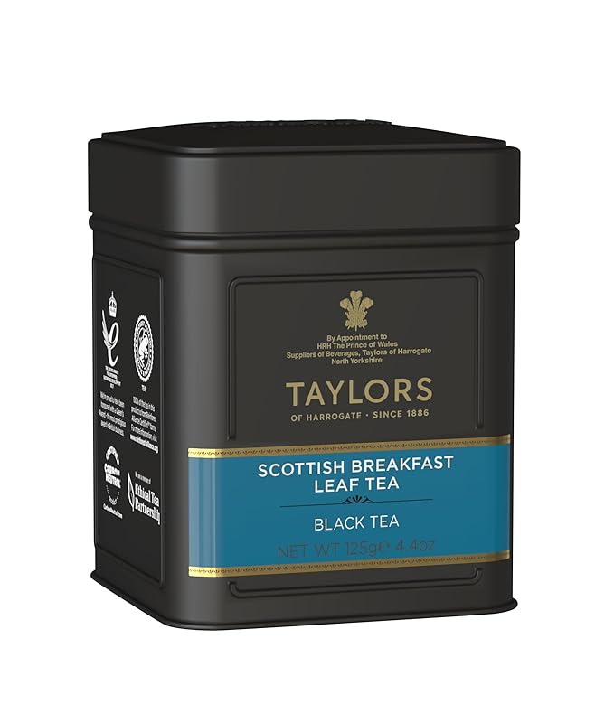 Taylors of Harrogate Scottish Breakfast, Black Tea, Loose Leaf, 4.41 Ounce Tin Caddy, Strong, Malty and Full, Caffeinated, Premium Whole Leaf Tea