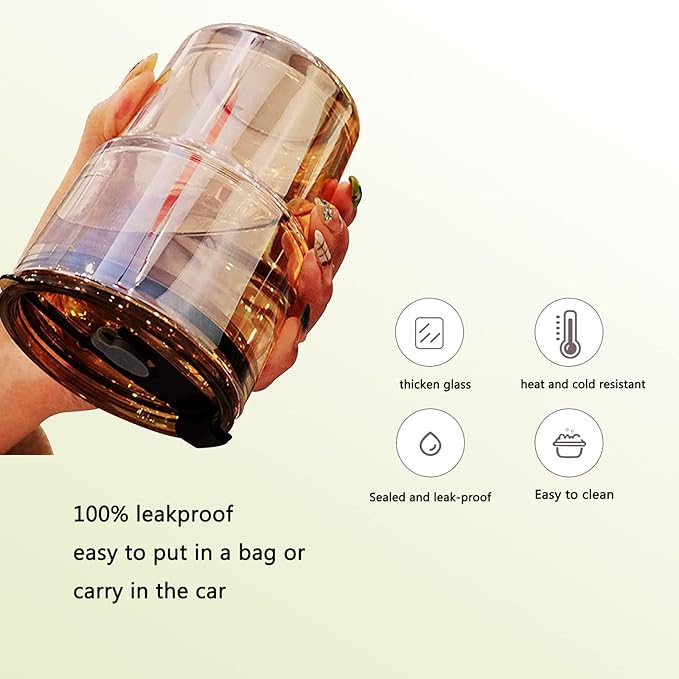 13oz/400ml Tumbler Water Glass, Water Bottle with Straw and Lid Sealed Carry on, Glass Coffee Mug Iced Tea Cup Thick Wall Insulated Glass Cup (Gray)
