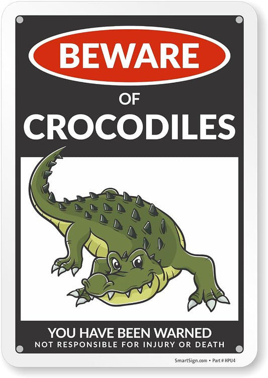 SmartSign Beware Of Crocodiles Warning Sign - 10"x7", 40 mil Laminated Rust-free Aluminum - Metal Signs for Wall Decor, Outdoors, Patio, Gifts, Cafe - Crocodile Theme, Made in USA by SmartSign