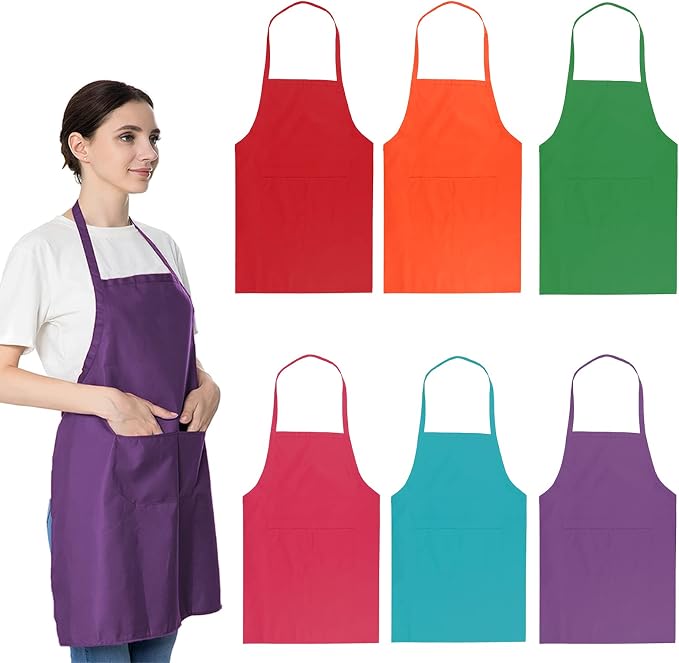 6 PCS Plain Bib Aprons for Women Men Bulk,Multicolor Apron with 2 Pockets for Painting Crafting Baking Cooking Kitchen.(6pcs-6colors) … by LOYHUANG