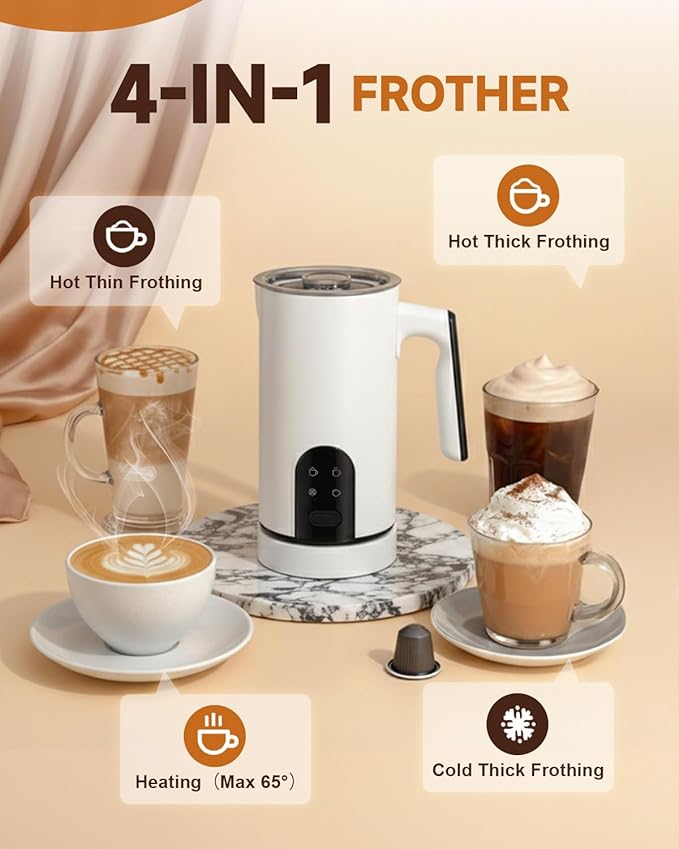 Electric Milk Frother, 4-in-1 Automatic Milk Steamer & Foamer 11.8oz/350ml, Automatic Hot and Cold Foam Maker and Milk Warmer for Latte, Cappuccino, Matcha, Hot Chocolate (White)
