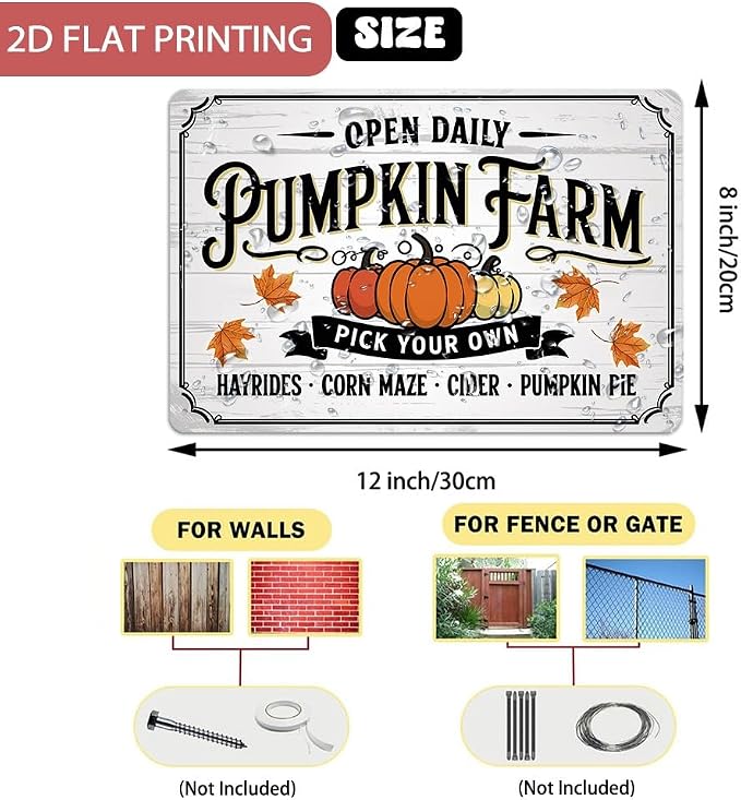 Farmhouse ''Pumpkin Farm Pick Your Own'' Tin Sign, Autumn Pumpkins Metal Sign - 8x12 Inch, Fall Wall Art Sign For KItchen, Cafe, Bar Decor, Thanksgiving Day/Autumn Decor - Image 3