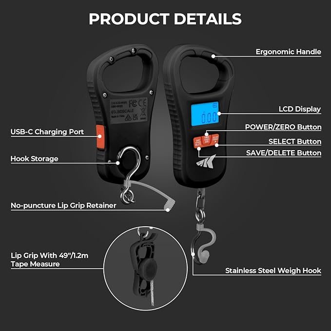 KastKing ToughTide Fishing Scale, USB Charging, 65lb Capacity, Ultra-Thin Digital Fish Scale, LCD Display, Ergonomic Handle, Fish Scales Digital Weight, Fishing Accessories for Men