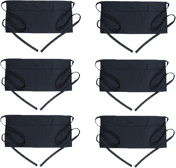BOHARERS Waist Apron with 3 Pockets 6 Pack - Black Waitress Server Short Apron