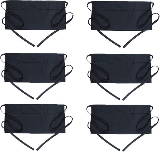 BOHARERS Waist Apron with 3 Pockets 6 Pack - Black Waitress Server Short Apron