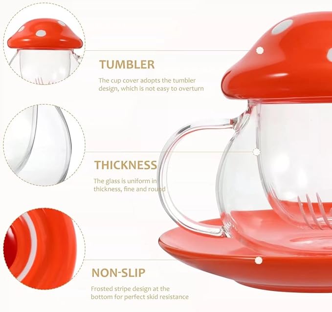 Mushroom Tea Cup Set, Cute Glass Tea Cups and Saucers, Kawaii Tea Cup with Infuser for Loose Leaf Tea Steeper, Coffee Mug Christmas Gifts for Women, Tea Infuser Mug with Lid for Mother Girls (Orange)