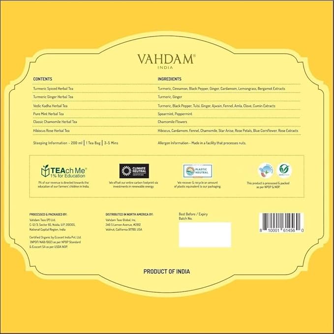 VAHDAM, Assorted Herbal Tea Variety Pack (6 Variants, 36 Tea Bags) Caffeine Free, Gluten Free, Non GMO | Eco Friendly Long Leaf Pyramid Tea Bags I Tea Gift Set for Men and Women