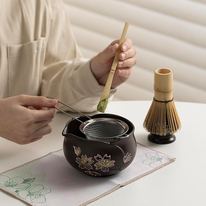Japanese Matcha Tea Set with Hand-Painted Cherry Blossoms, Ceramic Matcha Bowl, Bamboo Whisk & Scoop – Traditional Tea Ceremony Kit, Gift Box Included