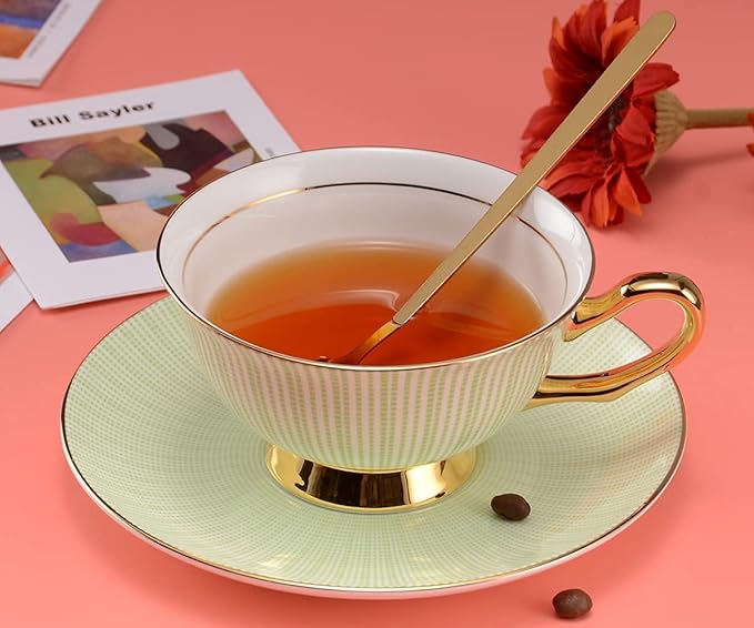 Bone China Tea Cup Set with Saucer Spoon - 3 Piece Set (7oz) - Cappuccino & Latte Cups - Mother's Day Gift