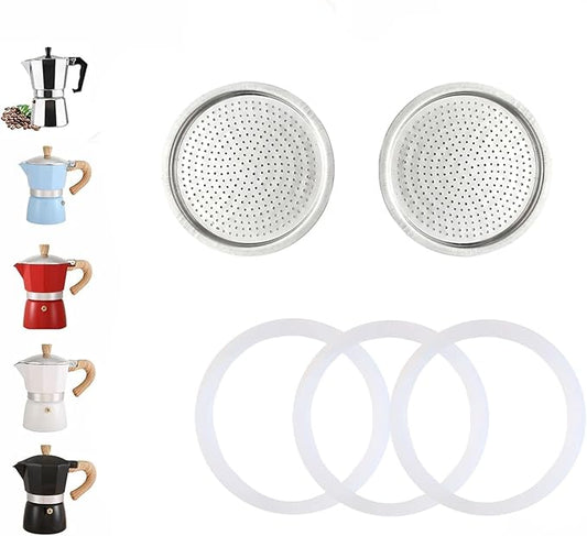 2 Pcs Filter with 3 Pcs Silicone Gasket Seals for 6 Cup Stovetop Espresso Coffee Maker Replacement Parts for DITOSH Aluminium Moka Pot
