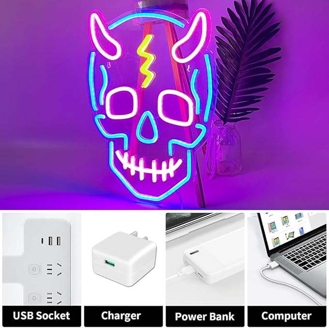 Skull Neon Sign Halloween Led Sign Neon Wall Sign USB Powered Led Light Signs for Man Cave Beer Bar Club Game Room Halloween Party Decor Gifts