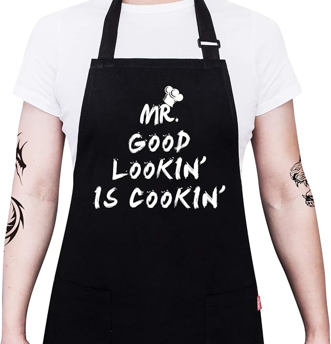 Kitchen Chef Apron - MR. GOOD LOOKIN' IS COOKIN' Funny Aprons for Men Dad - Adjustable Bib Apron with 2 Pockets and 40" Long Ties, Perfect for Cooking, Grilling, BBQ, Baking - Black by ALIPOBO