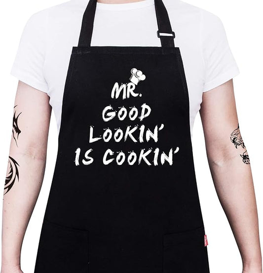 Kitchen Chef Apron - MR. GOOD LOOKIN' IS COOKIN' Funny Aprons for Men Dad - Adjustable Bib Apron with 2 Pockets and 40" Long Ties, Perfect for Cooking, Grilling, BBQ, Baking - Black by ALIPOBO