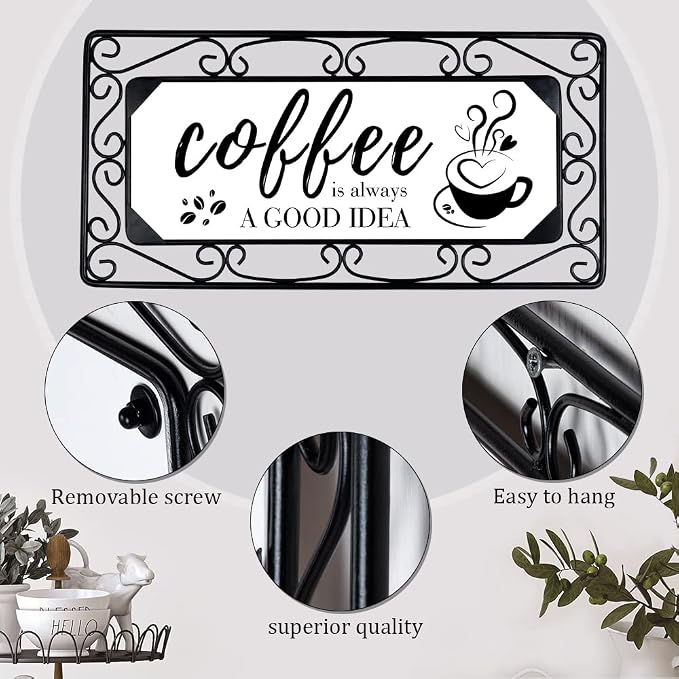 TIANCENTRAL H Metal Coffee Sign Wall Art, 16 x 7.8 Inch, Combine Wood & Scroll Frame, Perfect for Home, Kitchen, Cafe, Bar or Coffee Corner Decor - Image 3