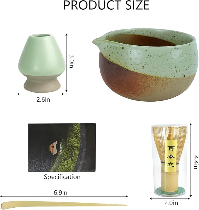 Artcome Matcha Tool Set– Bowl with Pouring Spout, Whisk, Whisk Holder, Tea Scoop – Traditional & Refined