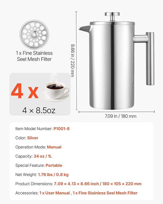 VEVOR French Press Coffee Maker, 34 Ounce 1 Liter Stainless Steel Coffee Press Tea Maker with Filter, Large Double Wall Insulated French Presses Cold Brew for Camping Travel Home Kitchen, Silver