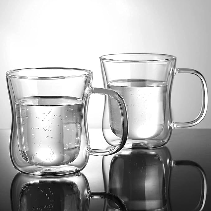 ecooe 12 oz Double Walled Glass Coffee Mug Latte Cappuccino Cups Set of 2, Clear Glass Coffee Cups with Handle, Insulated Coffee Cup Borosilicate Heat Resistant Double Wall Glass Coffee Mug Tea Cups