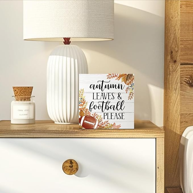 Autumn Leaves and Football Please Wood Box Sign, Football Desk Decor for Boy Room, Foot Ball Lovers, Thanksgiving Autumn Gifts for Men Women Players Fans Coaches Friends Sport Lovers Son Brother - Image 4
