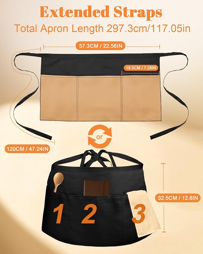 Slohif Reversible Server Apron 6 Pockets - Waist Apron for Waitress Women Half Serving Short Apron for Waiter - Image 2