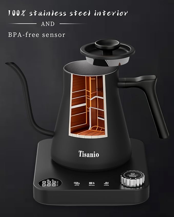 Gooseneck Electric Kettle for Pour Over Coffee, ±1°F Temperature Control, Smart Heating, 304 Stainless Steel, Fast Boil & 2-Hour Keep Warm, 0.9L,Black