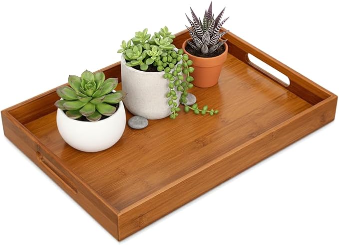 Briful Bamboo Decorative Tray with Handles - 16 x 12 Inch Rectangle Serving Tray for Coffee Table Decor Farmhouse Kitchen Counter Organizer & Bathroom Vanity, Brown