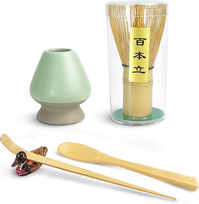 Artcome 5 Pcs Japanese Matcha Tea Set, Matcha Whisk, Traditional Scoop, Tea Spoon, Scoop Holder, Ceramic Whisk Holder Handmade Matcha Ceremony Kit For Traditional Japanese Tea Ceremony